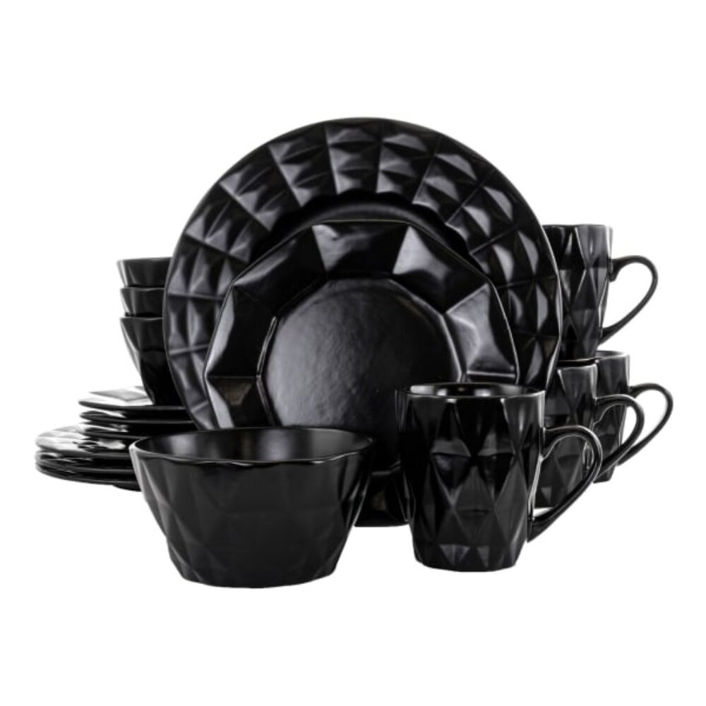 Elama 16-Piece Stoneware Dinnerware Set, Black